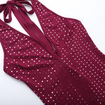 Sexy Halter Backless Rompers Short Jumpsuit Wine Red Black Deep V-neck Backless Lace-up Rhinestones Playsuit Female Bodysuit