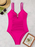 2026 V Neck Pleated Swimsuits Female Swimwear One Piece Swimsuit Women High Cut Bather Bathing Suit Swim Beachwear Slim Bodysuit