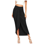 Women's High Waisted Ruched Maxi Skirt Pleated Solid Asymmetrical Split Hem Long Skirt Casual Draped Wrap Bodycon Summer Skirts