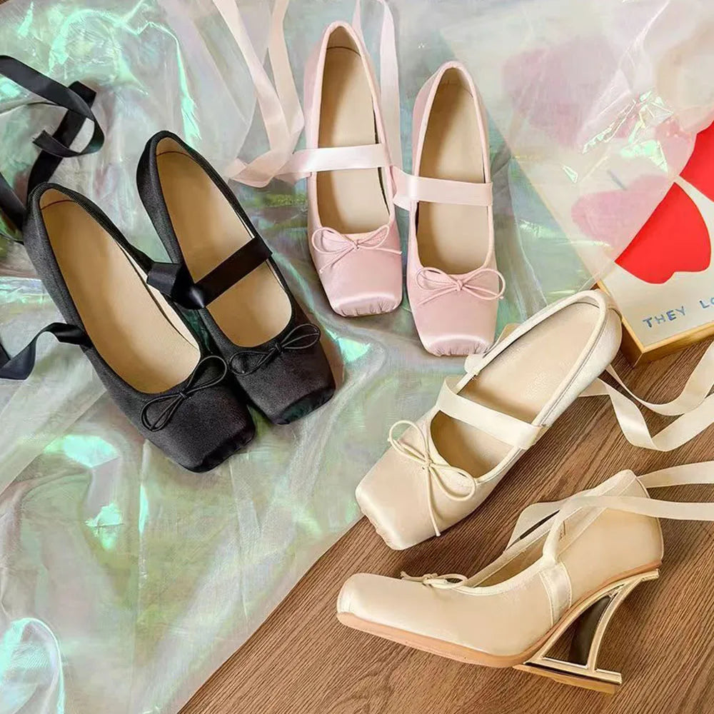 2025 Brand New Summer y2k Pink Square Toe Ballet Shoes Women Ribbon Lace-up Hollow out Wedge High Heels Party Pumps Daily Life