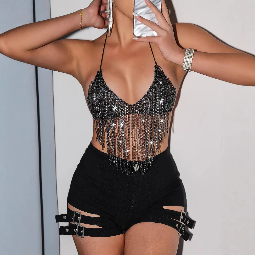 Women Rhinestone Fringe Halter Crop Top Deep V Neck Backless Tie Back Sparkly Body Chain Bra Bikini Top for Rave Festival Party