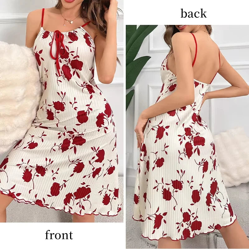 Sexy Womens Floral Print Ribbed Slip Dress Spaghetti Strap Tie Front Backless Summer Nightgown Lettuce Hem Loungewear New Hot