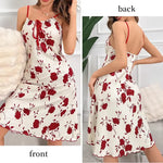 Sexy Womens Floral Print Ribbed Slip Dress Spaghetti Strap Tie Front Backless Summer Nightgown Lettuce Hem Loungewear New Hot