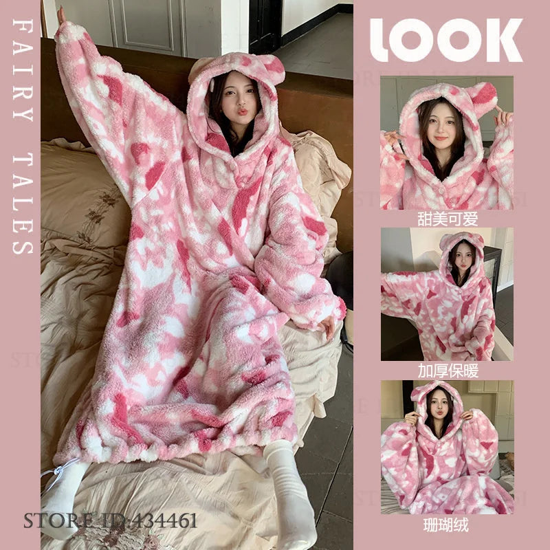 Thicken Flannel Cartoon Female Long Robe Hooded Nightgown Autumn Winter Sleepwear Home Clothes Loose Coral Fleece Warm Nightwear