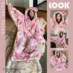 Thicken Flannel Cartoon Female Long Robe Hooded Nightgown Autumn Winter Sleepwear Home Clothes Loose Coral Fleece Warm Nightwear