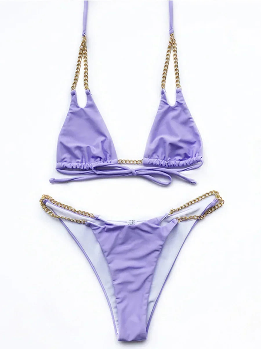 Sexy Cow Print Halter Metal Chains Brazilian Bikini Women Swimsuit Female Swimwear Two Pieces Bikini Set Bathing Suit Swim Lady