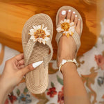 Flower Decor Flat Heel Bohemian Slippers Woman Straw Rope Weave Vacation Beach Flip Flops Woman Lightweight Non Slip Slides Shoe