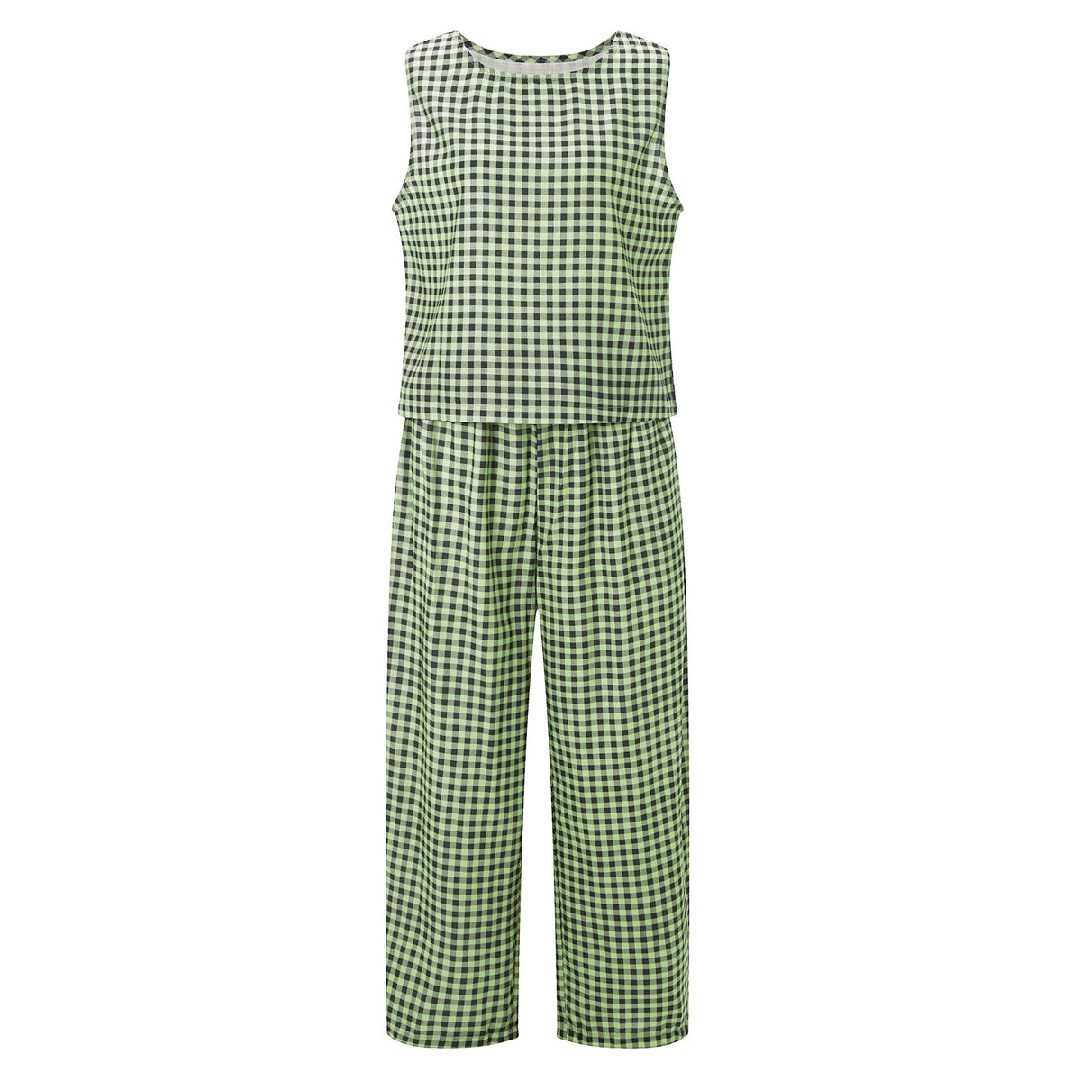 Women’s 2 Piece Summer Pant Outfits Sleeveless Plaid/Stripes Print Tank Tops + Pants Set Casual Streetwear