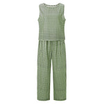 Women’s 2 Piece Summer Pant Outfits Sleeveless Plaid/Stripes Print Tank Tops + Pants Set Casual Streetwear