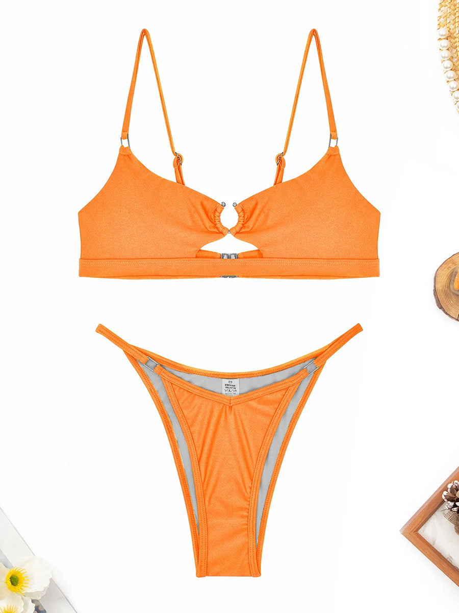 Hollow Out Bikini 2026 Solid Ring Link Swimsuit Women Padded Swimwear Female Bathers Bathing Swimming Swim Suit Beachwear