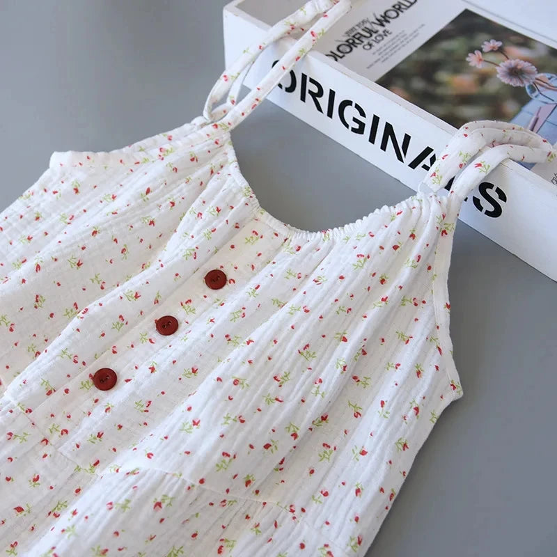 Women's 100% Cotton Crepe Gauze Nightgown Floral Sleeveless Spaghetti Strap Knee-Length Summer Home Sleep Dress M-XL