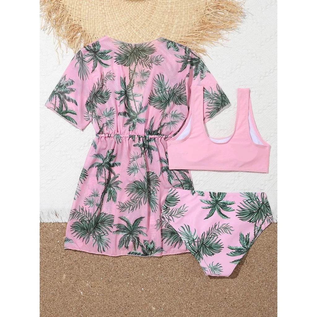 Girls 3pack Heart Print Cross Wrap High Waist Bikini Kids Swimsuit&Kimono 7-12 Years Children's Swimwear 2024 Teens Bathing Suit