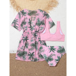 Girls 3pack Heart Print Cross Wrap High Waist Bikini Kids Swimsuit&Kimono 7-12 Years Children's Swimwear 2024 Teens Bathing Suit