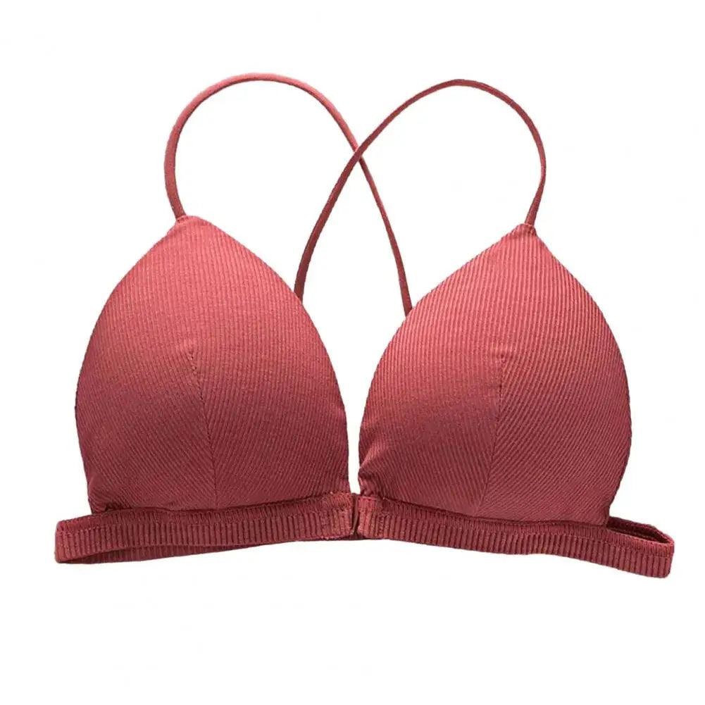 Women Simple Bra Triangle Cup Thin Straps Wrapping Chest Front Buckle Wireless Ribbed Bra Sexy Sports Cross Back Bra