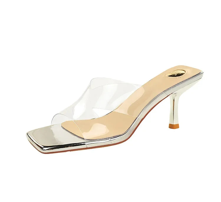 BIGTREE Sexy Silver PVC Transparent Crystal Womens Slippers 2026 Summer Square Toe Thin High Heels Sandals Ladies Shoes