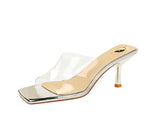 BIGTREE Sexy Silver PVC Transparent Crystal Womens Slippers 2026 Summer Square Toe Thin High Heels Sandals Ladies Shoes