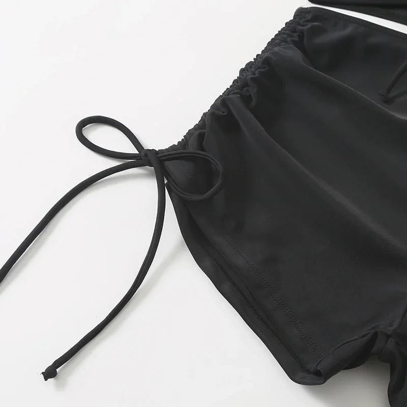 Black Drawstring Swimwear Bikinis Sets Mujer 2026 Crop Top Shorts Bottom Swimsuit Women Sexy Bathing Suit Beachwear Bikini Swim