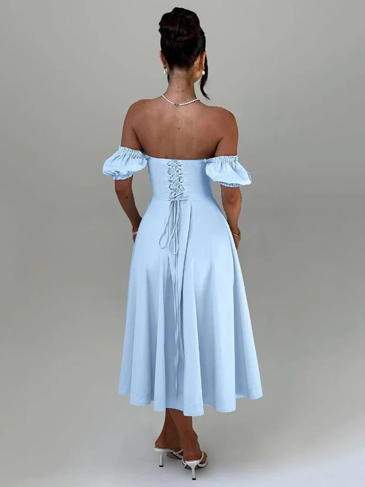 Bowknot Ruffles Light Blue Midi Dress Women's Summer Off Shoulder Short Sleeve Beach Dress Drawstring White A-line Vestidos 2025