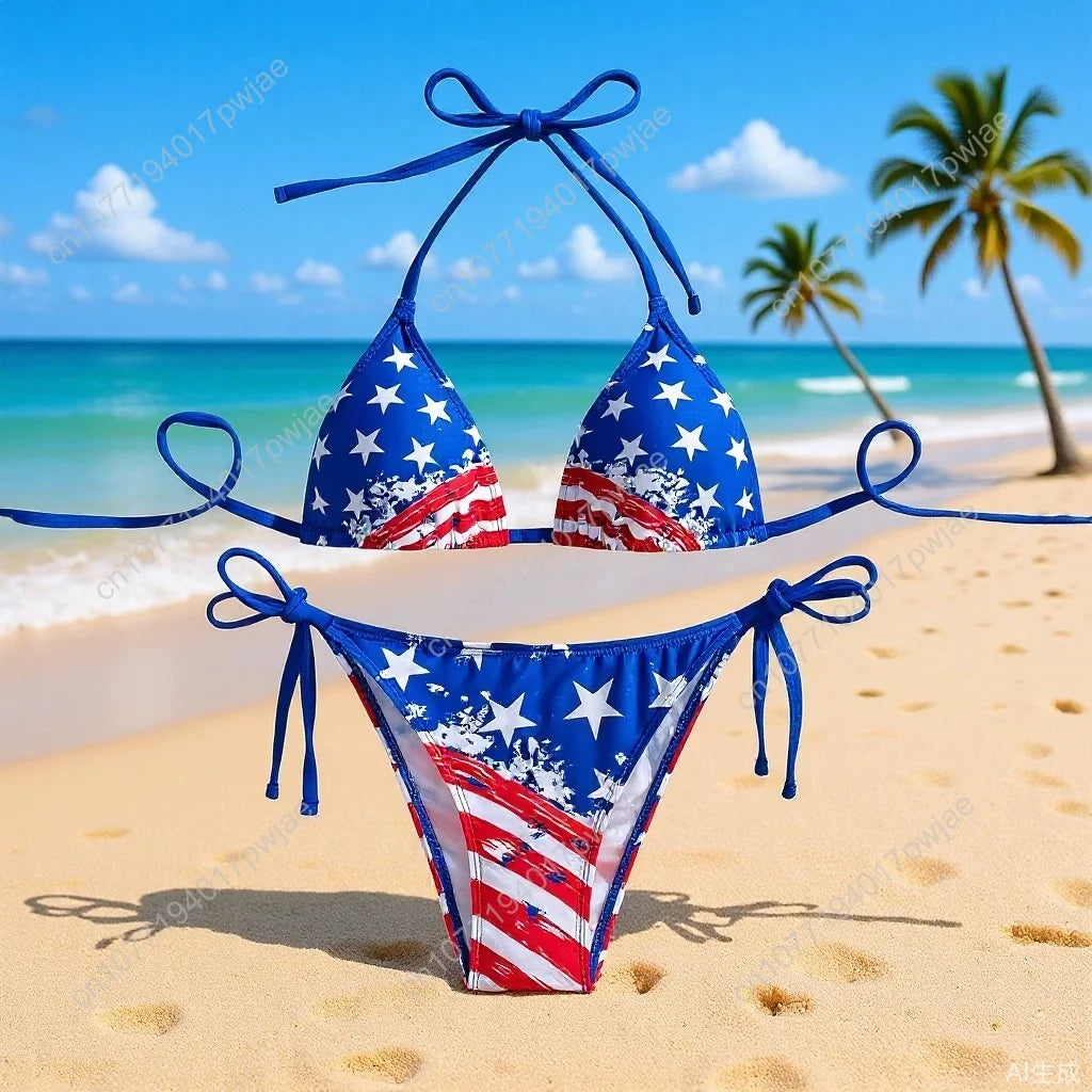 Women's Sexy American Flag Print Halter-Tie Bikini Swimsuit Set — Sporty Style