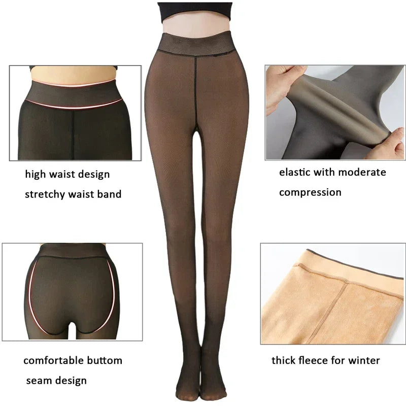1pc Thermal Stockings Women Fleece Lined Tights Warm Winter High Waist Sexy Translucent Black Pantyhose Thermal Legging Tights