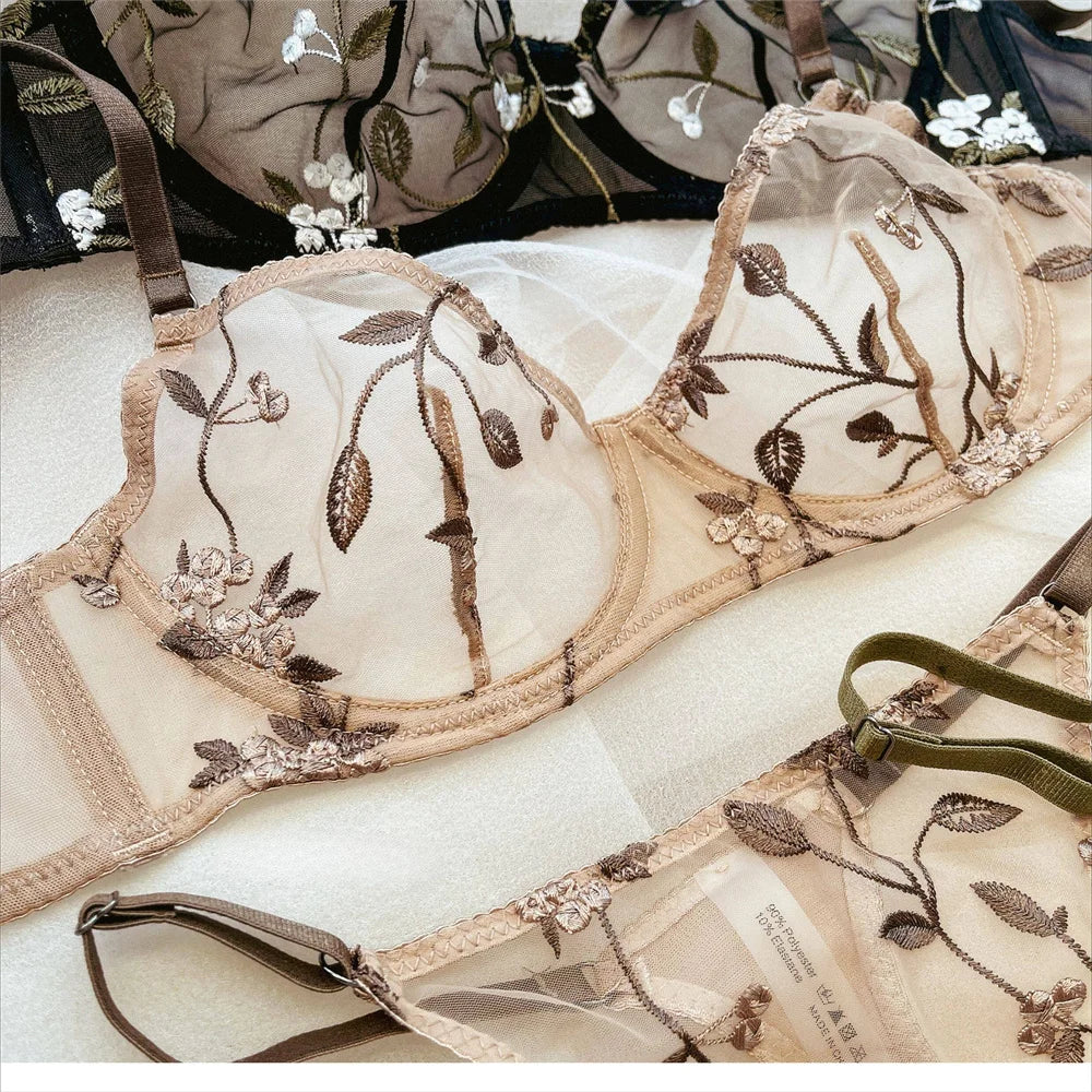 Women Mesh Underwear Set Sexy Lace Leaf Embroidery Bra Set French Ultra Thin Breathable Bralette Vintage Bras and T-back Sets