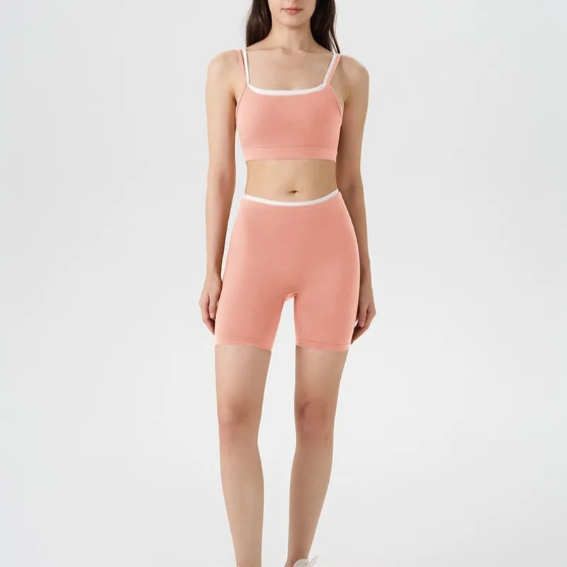 Women's 2-piece Yoga Set Fake Two-Piece Color-Block White Stripe Camisole Running Sports Bra Shorts Yoga Outfit Set