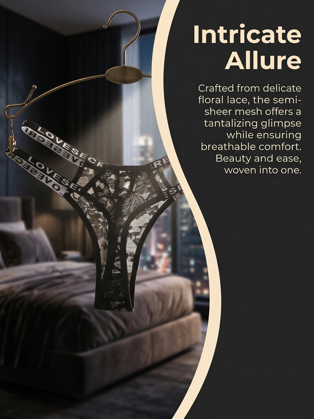 Women Lace Thong Black Letter Waistband G-string Sexy Panties Sheer Mesh Breathable Lingerie C856