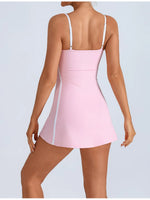Women's Tennis Dress Summer Sleeveless Pink Contrast Workout Yoga Dresses Build in Shorts Fashion Tight Fitting Skirts Suit