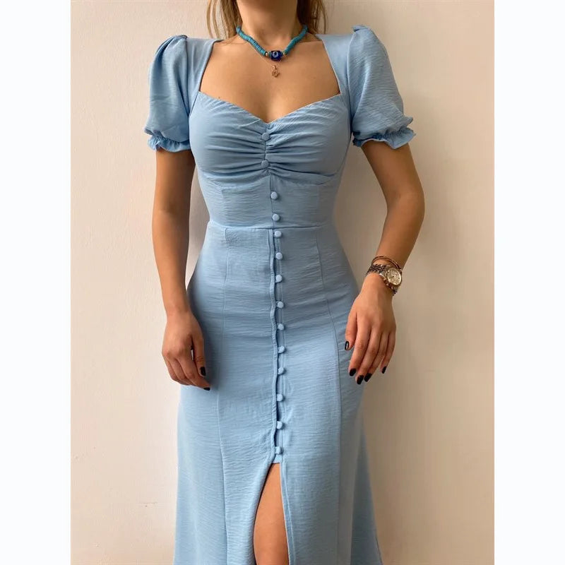 Fashion Bandage Bodycon Dresses For Women Puff Short Sleeves Sexy Low Cut Slim A-line Dress Elegant Ladies Vestidos 2023 Summer