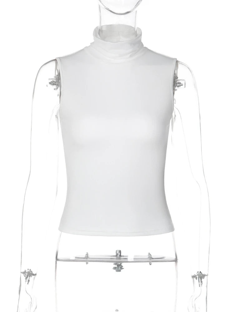 FDYOUI Fashion Turtleneck Sleeveless Tank Tops Streetwear Y2K Woman Clothes Backless Solid Corset T-shirt Female Skinny Crop Top