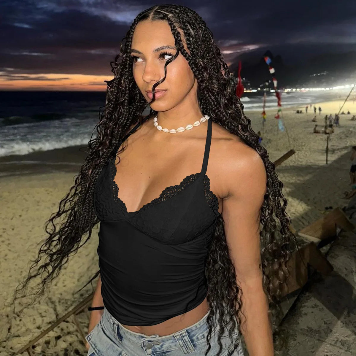 FDYOUI Woman Clothing Lace Patchhwork Camisoles Top Y2K Streetwear Sexy Halter Neck Bandage Cropped T-shirt Female Corset Tops