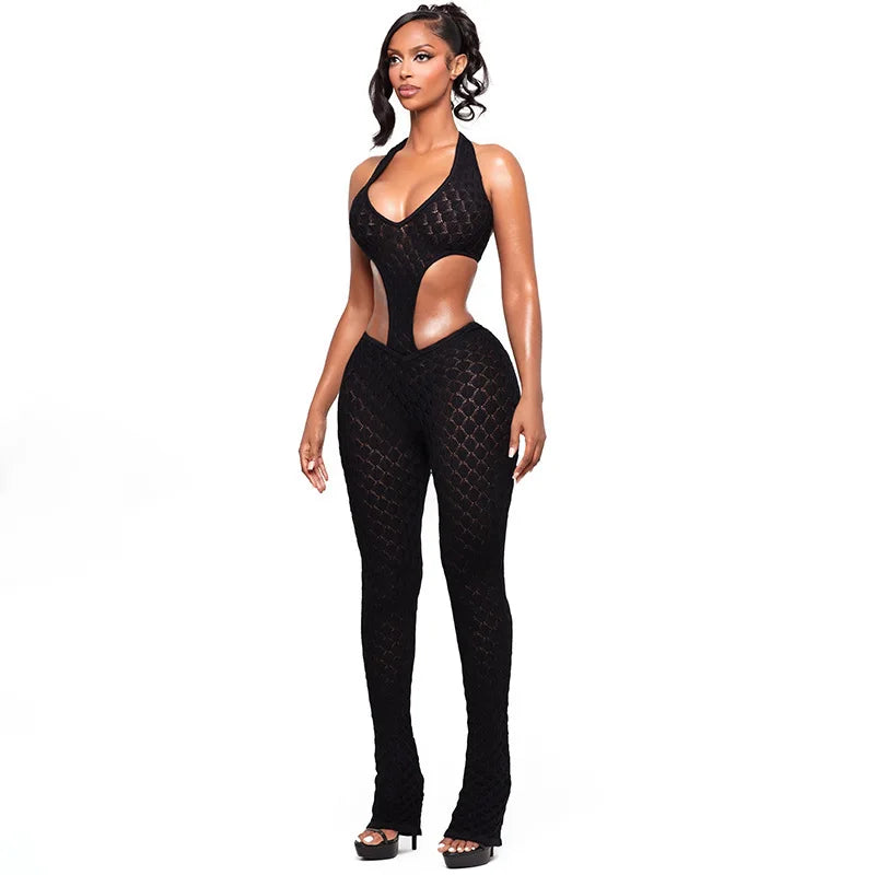 Sexy hot girl solid color see-through slim fit knitted deep V jumpsuit