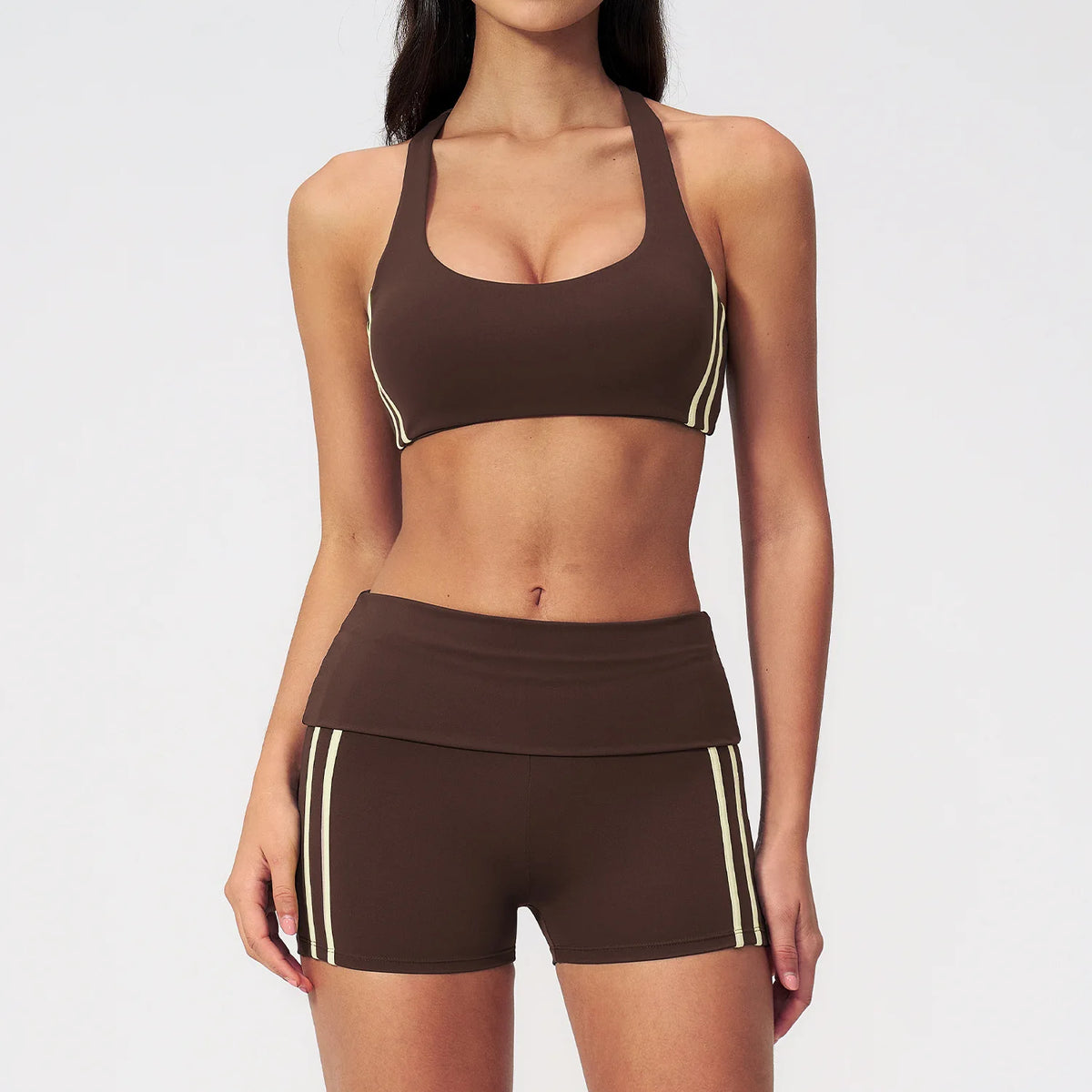 Tight Color Contrast Yoga Suit 2 Pieces Women V Neck Sports Bra Pleate High Waist Shorts Gym Running Fitness Suits Tracksuit