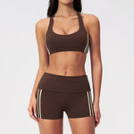 Tight Color Contrast Yoga Suit 2 Pieces Women V Neck Sports Bra Pleate High Waist Shorts Gym Running Fitness Suits Tracksuit