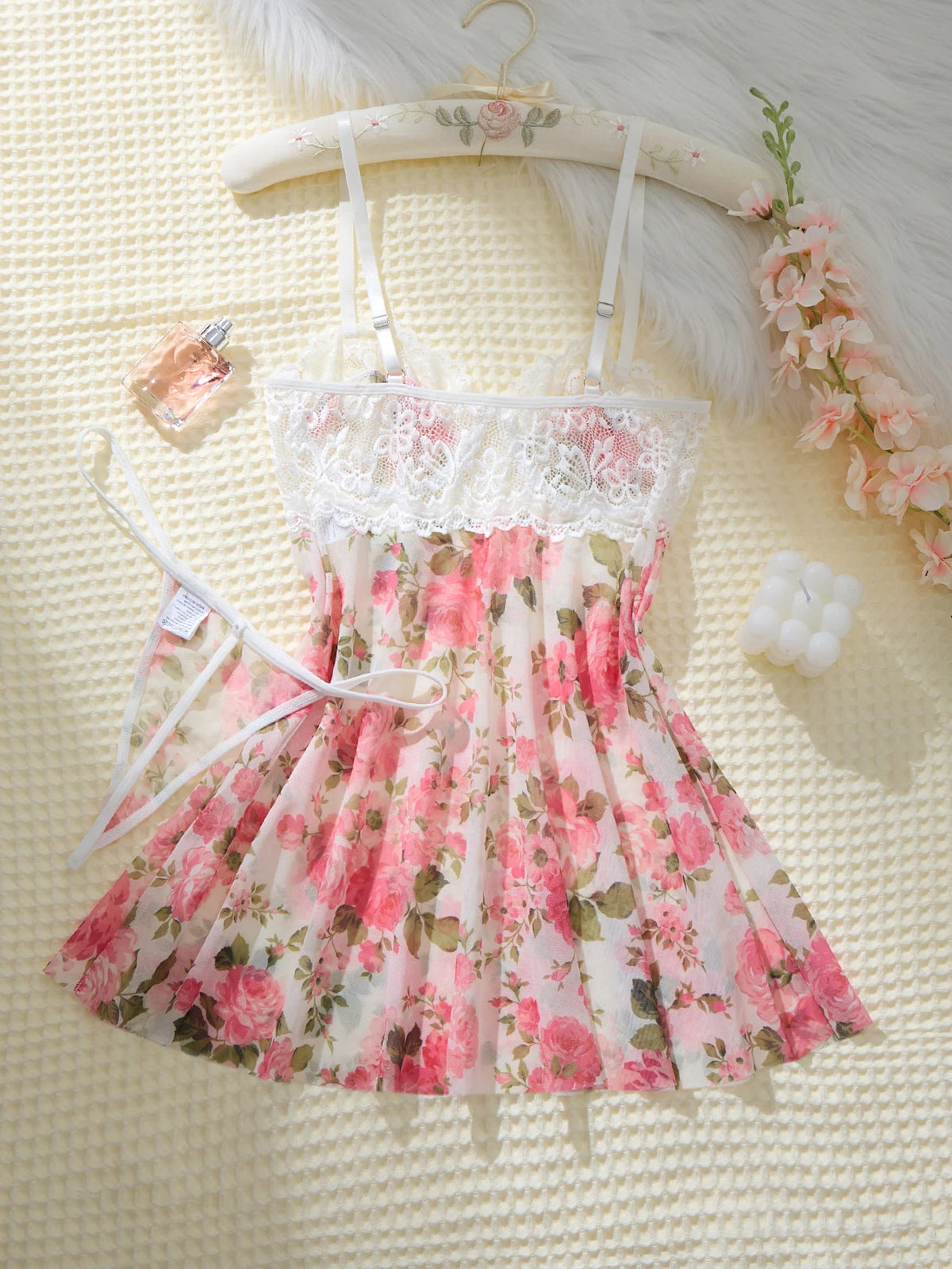 Ladies Pink Cute Floral Semi-Transparent Sleepwear with Lace Design Elegant Comfortable Girlhood Style Nightgown