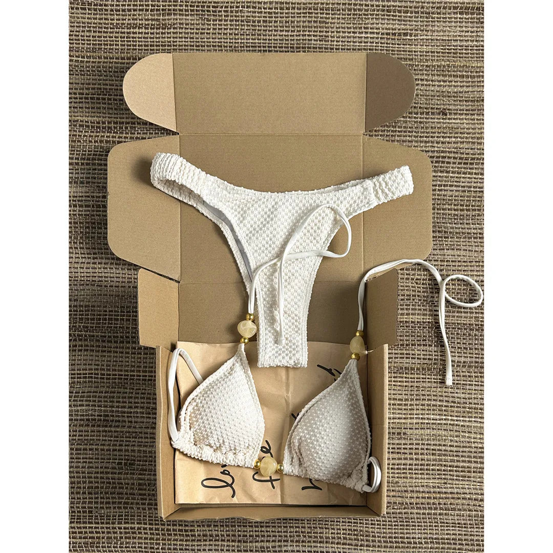 Wrinkled Crinkled Halter Bikini Female Swimsuit Women Swimwear Two-pieces Bikini set Brazilian Bather Bathing Suit Swim V8134