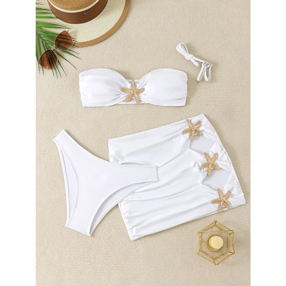 New White 3 Pieces Starfish Bandeau Bikini Set Swimsuit Women Swimwear with Sarong Skirts Dress Beach Wear Cut Out Bathing Suit