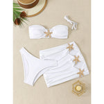 New White 3 Pieces Starfish Bandeau Bikini Set Swimsuit Women Swimwear with Sarong Skirts Dress Beach Wear Cut Out Bathing Suit