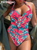 Printed Halter V Neck With Bra Cup One Piece Swimsuit Women Swimwear Female Monokini High Leg Cut Bather Bathing Suit Swim V5739