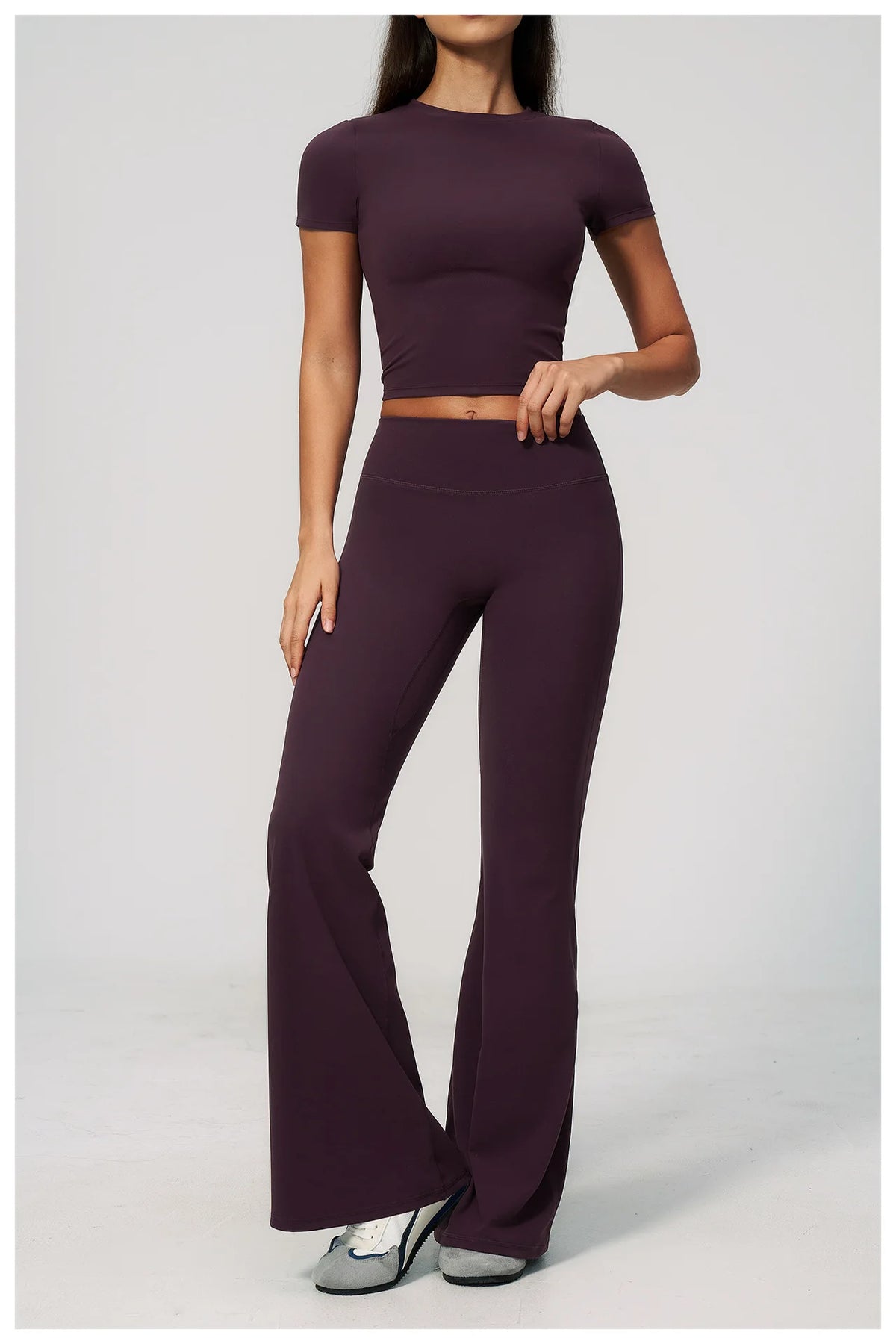 Creamy 2 Pieces Workout Suit Women Yoga Outfits Short Sleeve O Neck Slim Sports T Shirts High Waist Flare Pants Gym Fitness Sets