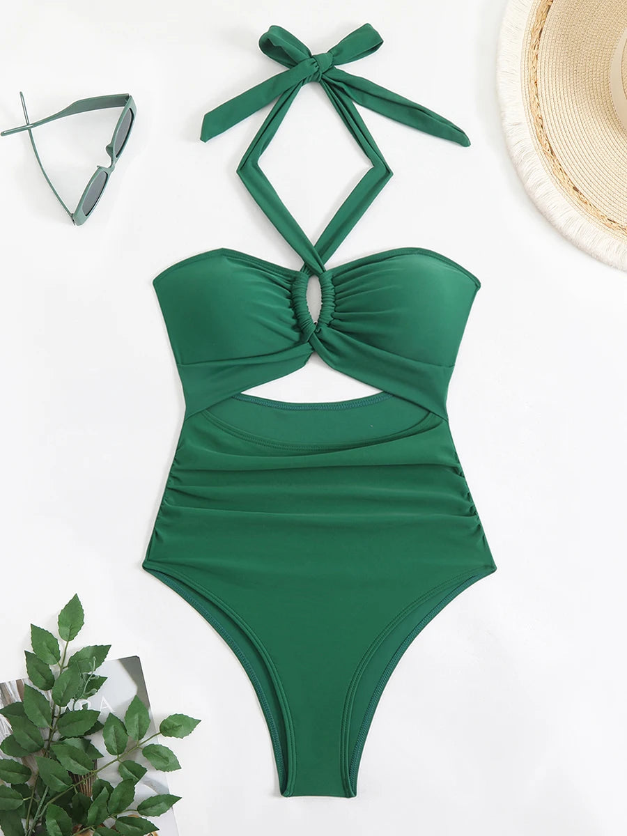 2026 Sexy Padded Swimsuit Women One Piece Halter Hollow Swimwear Female Solid Bathers Bathing Swimming Swim Suit Beachwear
