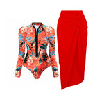 Black And Printed Long Sleeve Swimsuit With Cover Up Sexy Swimwear Women Surf Swim Suit Slimming Bathingsuit Bodysuit Beachwear