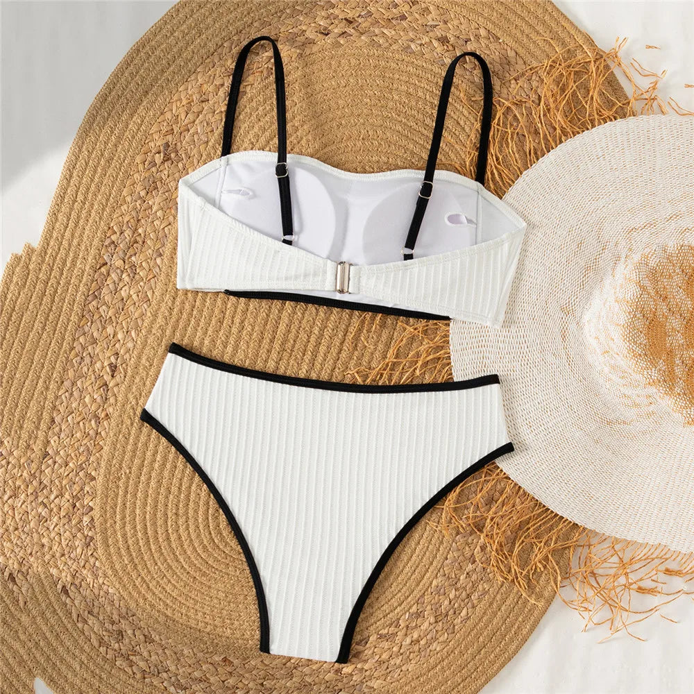Solid White Swimwears Bandeau Bikinis Sets Ribbed Sexy Swimsuit Women 2026 Push Up Bathing Suit High Waist Bikini Mujer Biquins