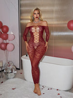 Long-sleeved Ripped Purple Charming Sexy Strapless Hollowed-out One-piece Mesh Outfit Transparent Off-the-shoulder Bodysuit 9UM7