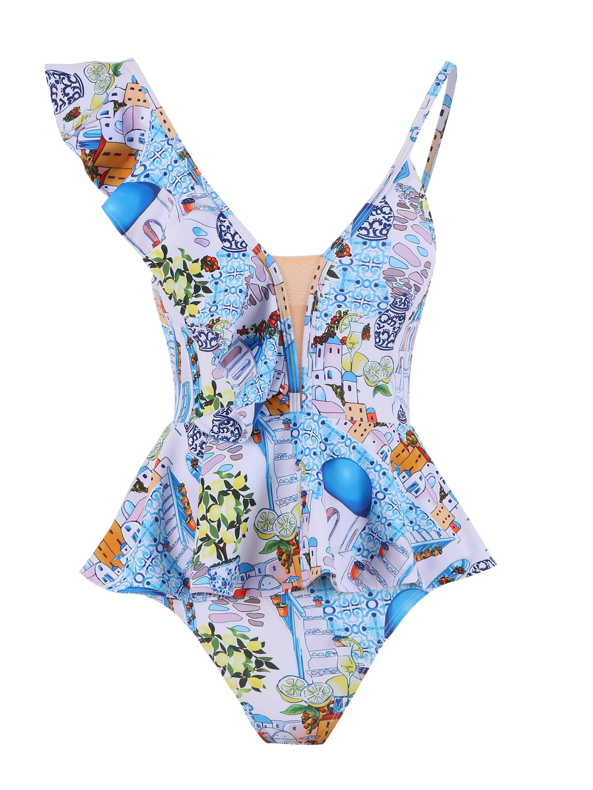 Sexy Ruffle Shoulder Swimsuit V-Neck Swimwear Women Backless Push Up Bathing SuitBeach Wear 2024 Female Swimming Suit