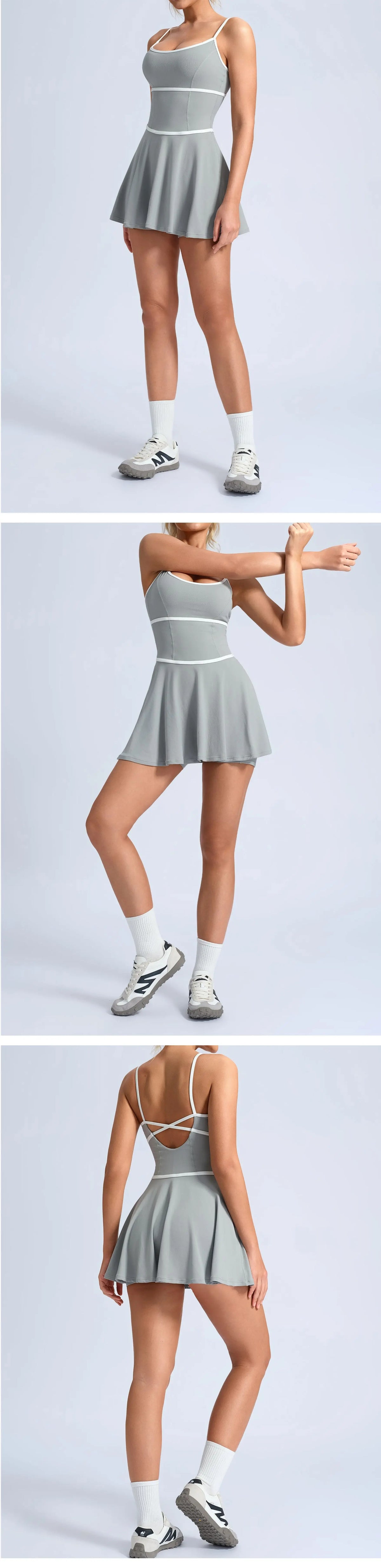 Summer Color Blocking Tennis Dresses Women Thin Shoulder Strap Slim Workout Golf Skirts Outwear Gym Running Pleate Dress
