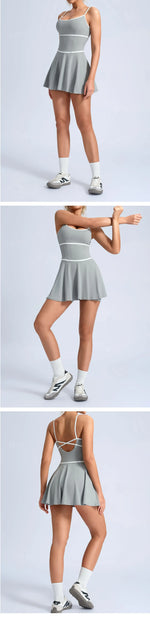 Summer Color Blocking Tennis Dresses Women Thin Shoulder Strap Slim Workout Golf Skirts Outwear Gym Running Pleate Dress