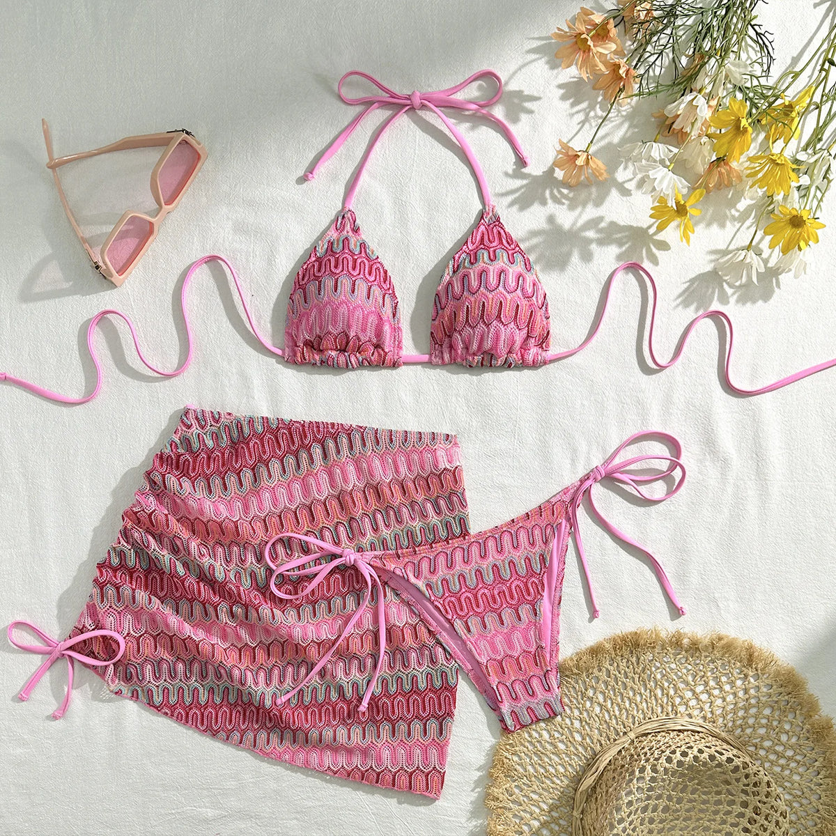 Sexy Drawstring Side Skirt 3 Piece Bikini Set Women Orange Striped Embroidered Print Swimwear High Waist Bathing Suit Swimsuit
