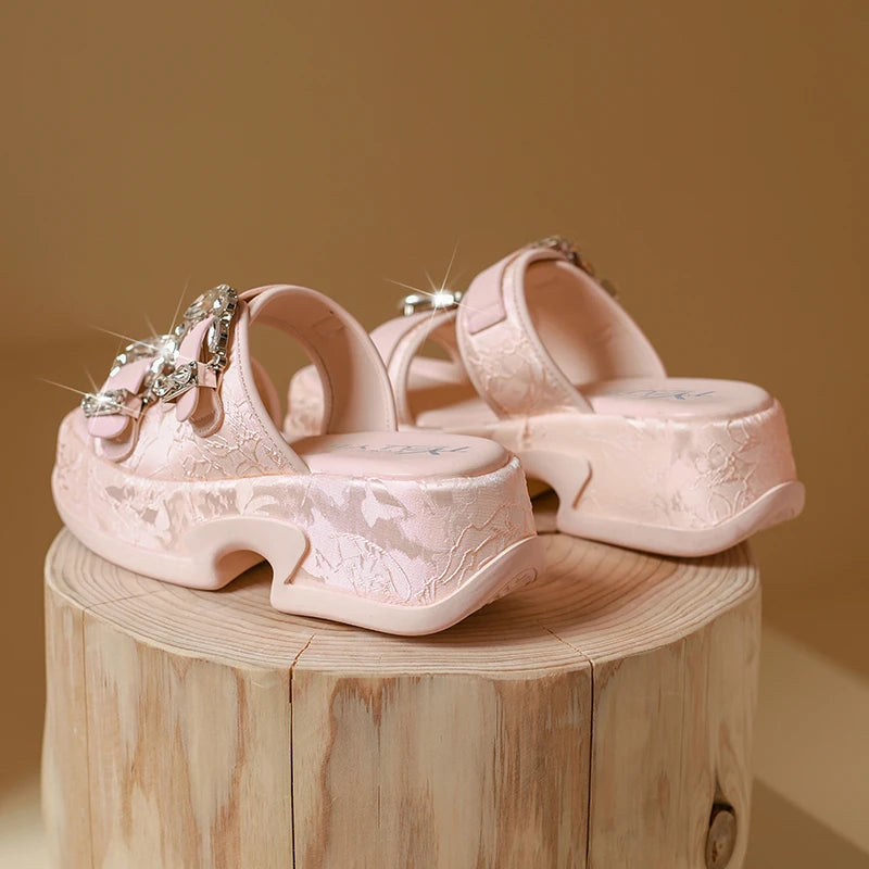 Luxury Rhinestone Thick Bottom Sandals Women 2026 New Silk Satin Embroidery High Heel Sandals Woman Summer Thick Heeled Slippers