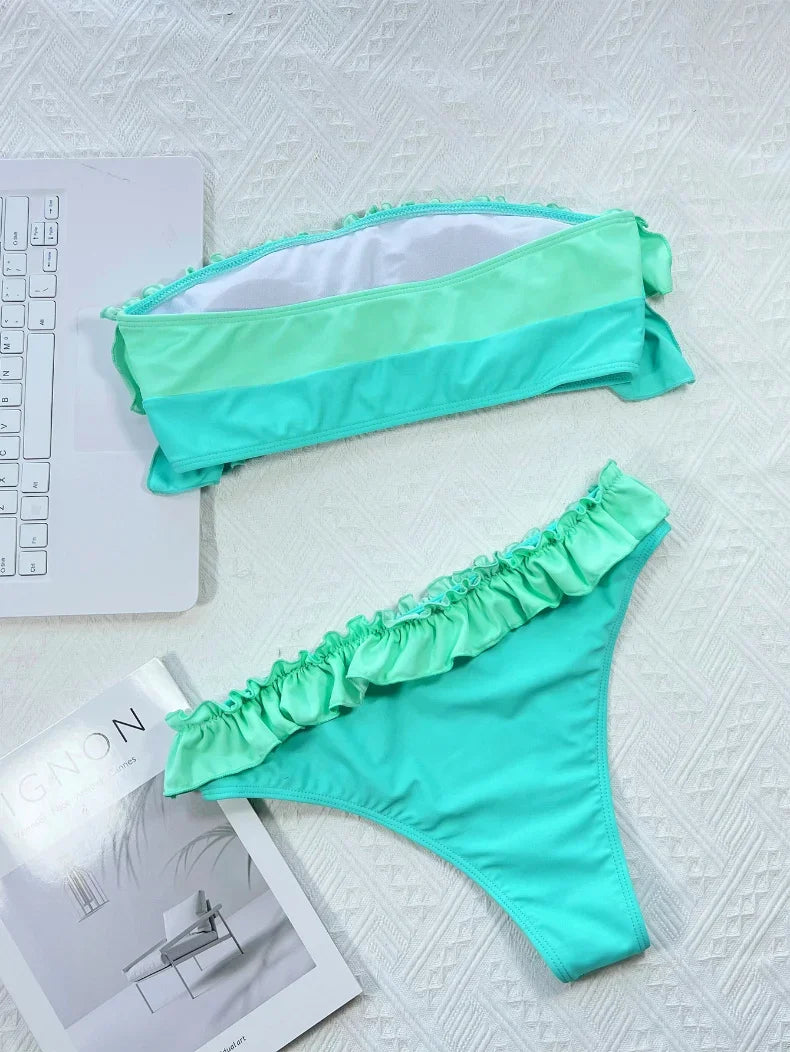 2026 Sexy Bikini Bandeau Women Swimwear Swimsuit Push Up Patchwork Ruffle Bikinis Set Bathing Suit Beach Bikini Female Banadores